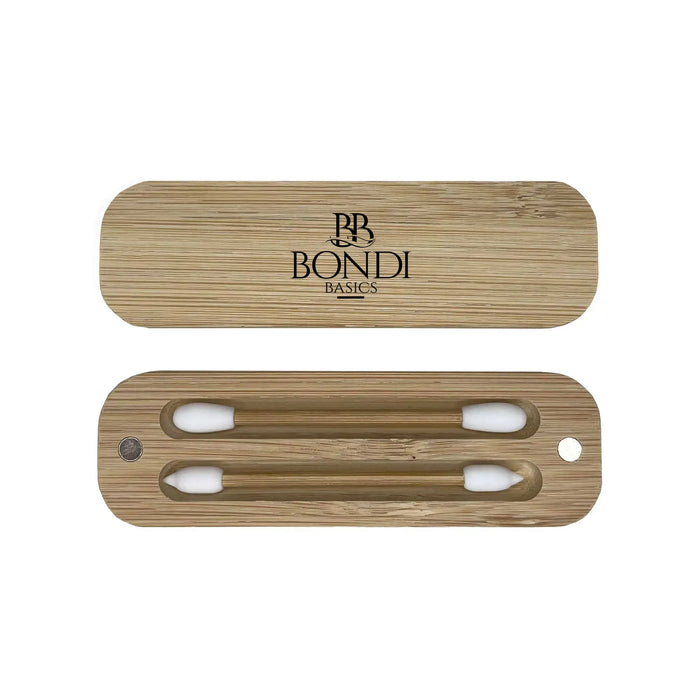 Reusable Makeup Swabs with dual silicone tips in a bamboo travel case by Bondi Basics. Eco-friendly makeup tool for application and removal.