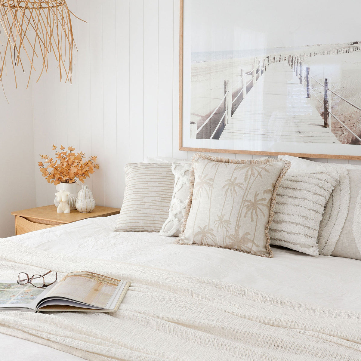 Cushion Cover-Coastal Fringe-Tall Palms Beige-60cm x 60cm