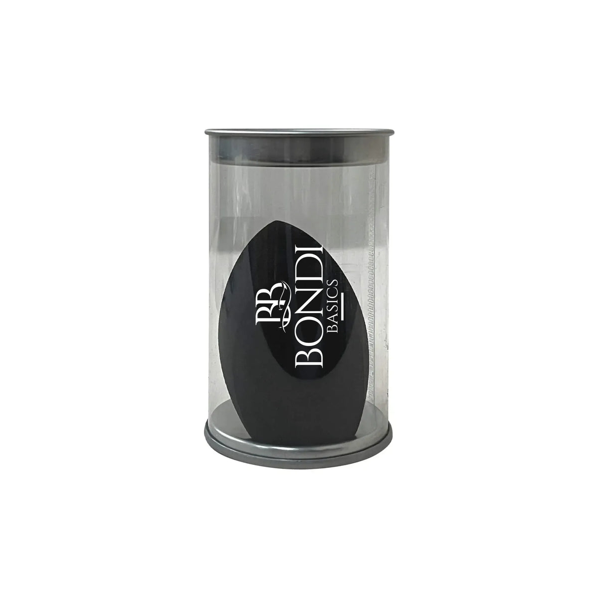 Bondi Basics Light Touch Blender in black, housed in a clear cylindrical case. Ideal makeup sponge for blending, contouring, and highlighting.