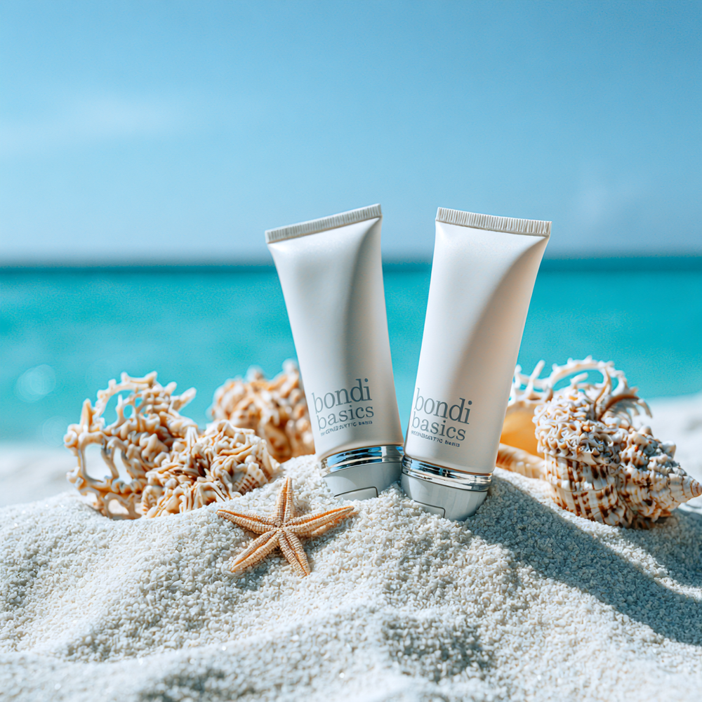 Two Bondi Basics skincare tubes standing in white beach sand with seashells and turquoise ocean behind