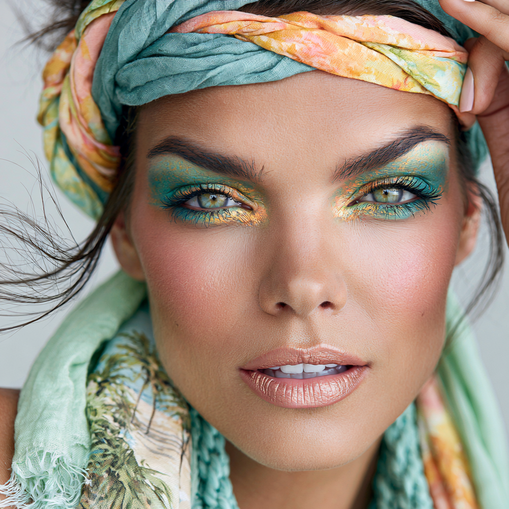 Woman in teal headwrap wearing green and gold eyeshadow - natural beach makeup by Bondi Basics