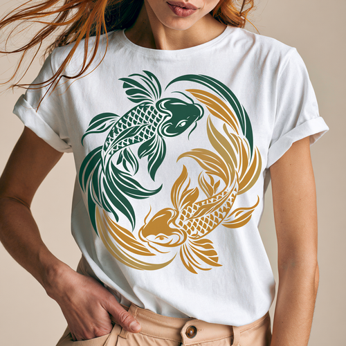 Woman wearing a white T-shirt with Pisces zodiac koi fish design - Bondi Basics Star Sign Collection