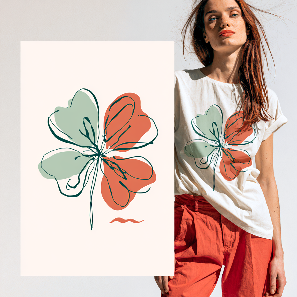 Woman wearing a white T-shirt with four leaf clover line art design - Bondi Basics coastal apparel