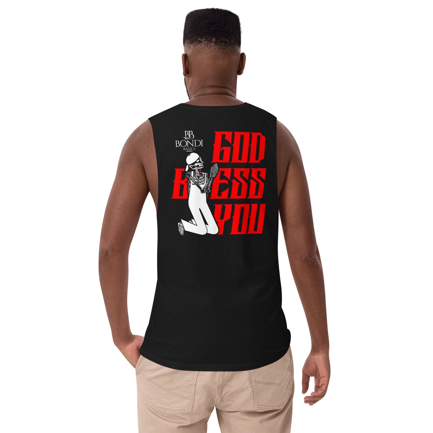 Bondi Basics Men’s Urban Design drop arm tank top - God Bless You Design back