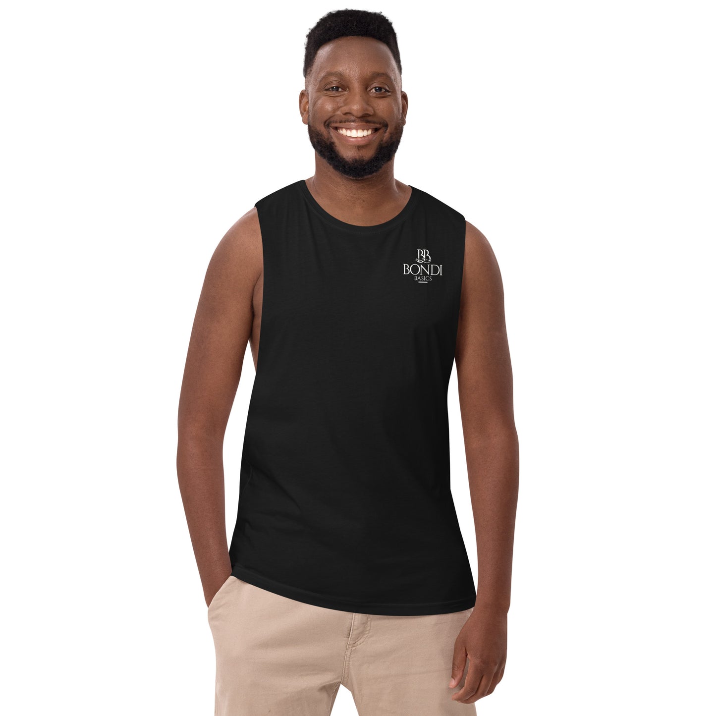 Bondi Basics Men’s Urban Design drop arm tank top - God Bless You Design Front