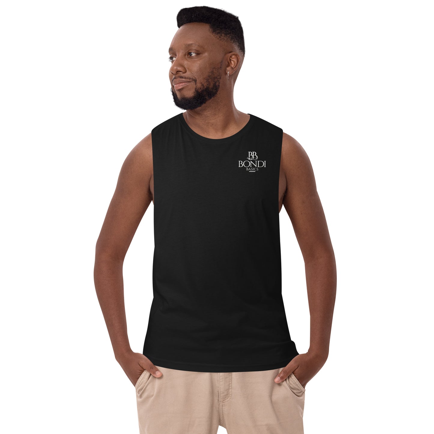 Bondi Basics Men’s Urban Design drop arm tank top - God Bless You Design Front