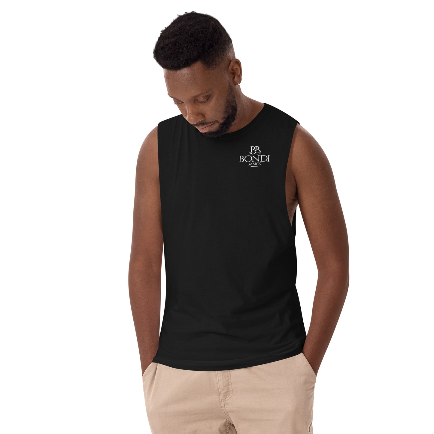 Bondi Basics Men’s Urban Design drop arm tank top - God Bless You Design Front