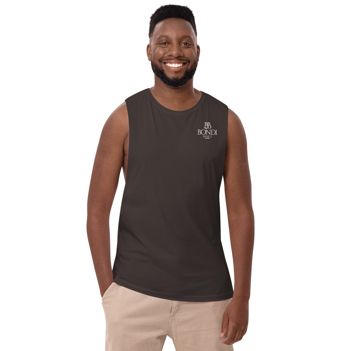 Bondi Basics Men’s Urban Design drop arm tank top - God Bless You Design Front