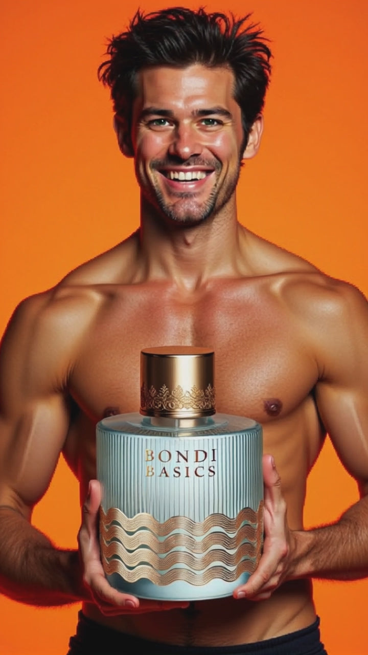 Bondi Basics Man holding blue perfume bottle