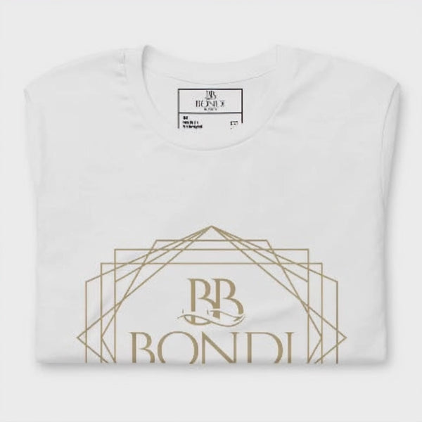 Bondi Basics White t-shirt with gold logo front view
