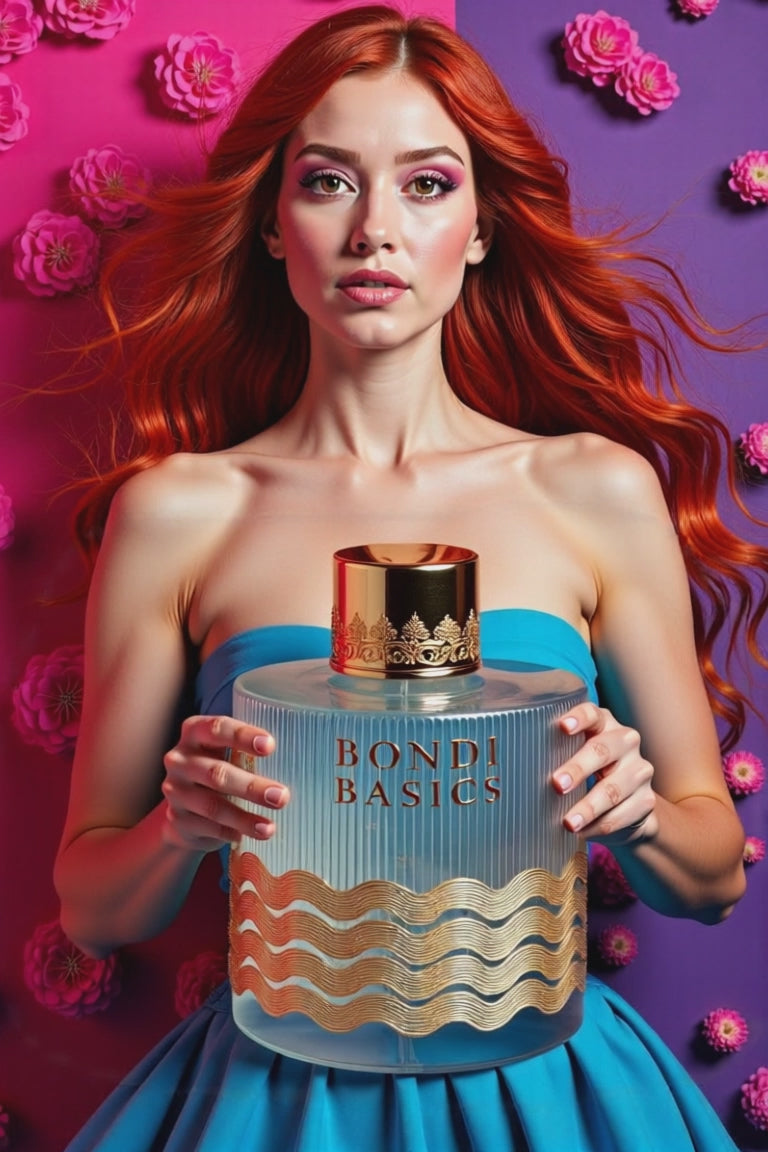Bondi Basics Perfume Bottle lady holding blue bottle
