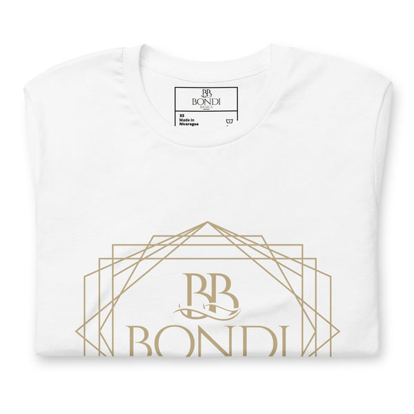 Bondi Basics White t-shirt with gold logo front view 2